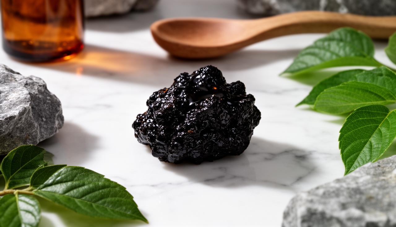 Different forms of Shilajit supplements on marble surface