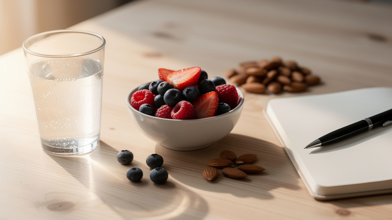 Morning wellness routine setup with healthy foods