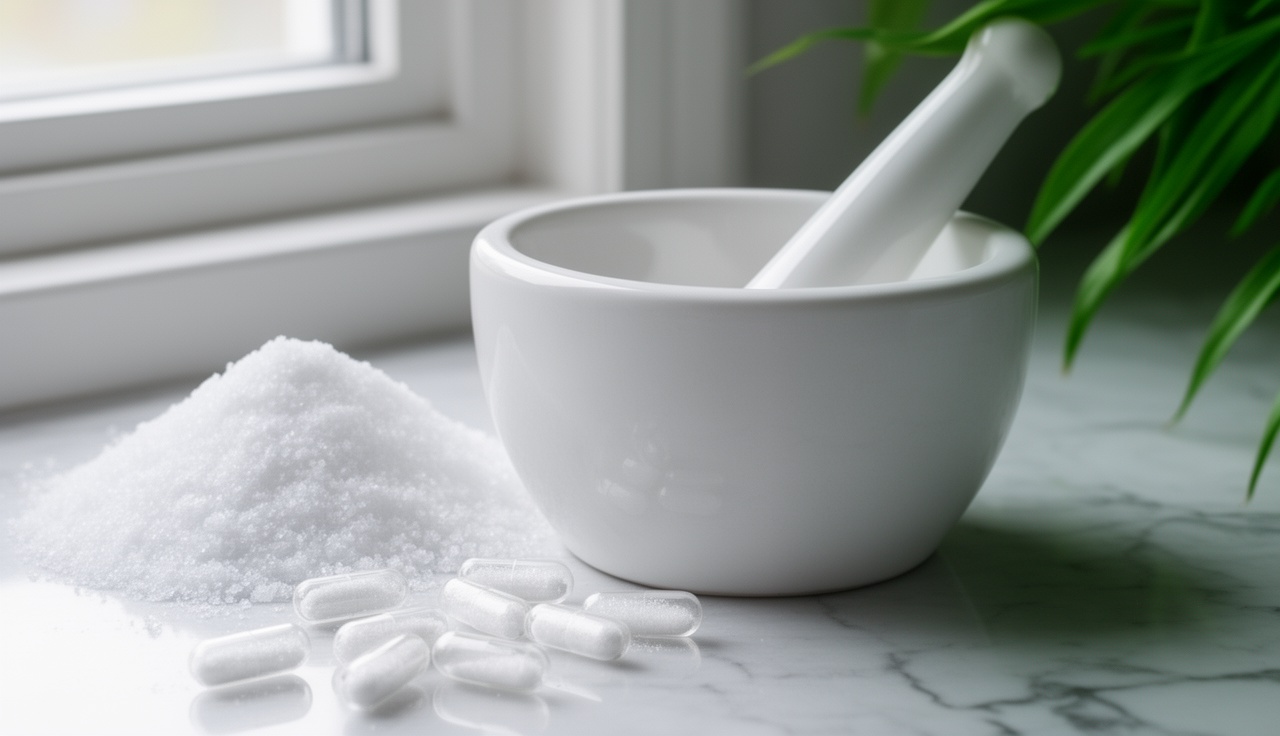 High-purity supplement capsules on marble surface