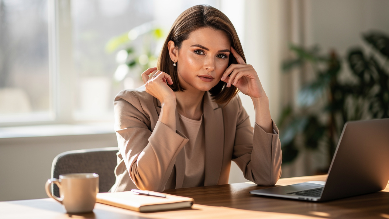 Professional woman concentrating deeply at work desk