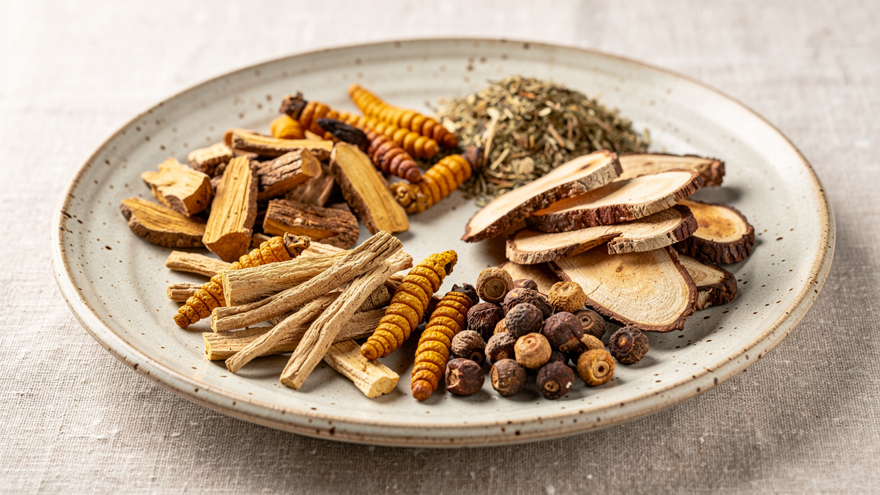 Collection of dried adaptogenic herbs and medicinal mushrooms