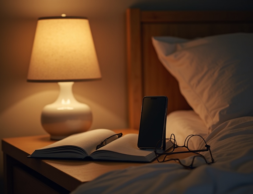 Nightstand with phone face-down and book with reading glasses for analog bedtime routine
