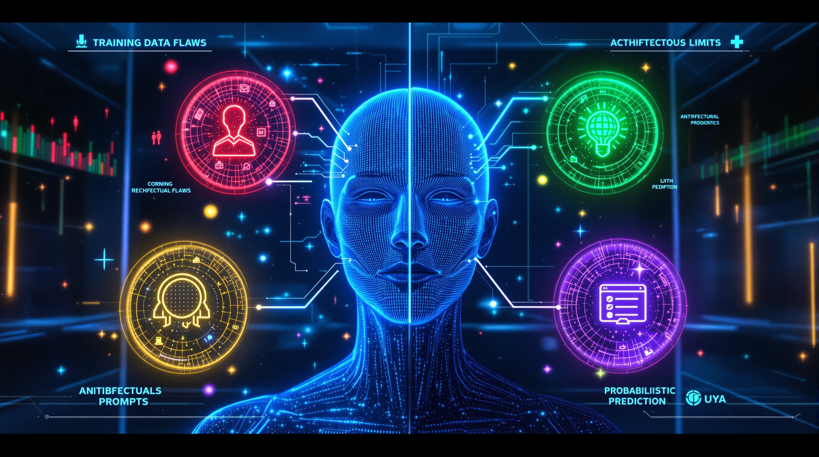 Conceptual illustration of an AI figure surrounded by spheres representing training data flaws, architectural limits, ambiguous prompts, and probabilistic prediction in a futuristic lab setting.