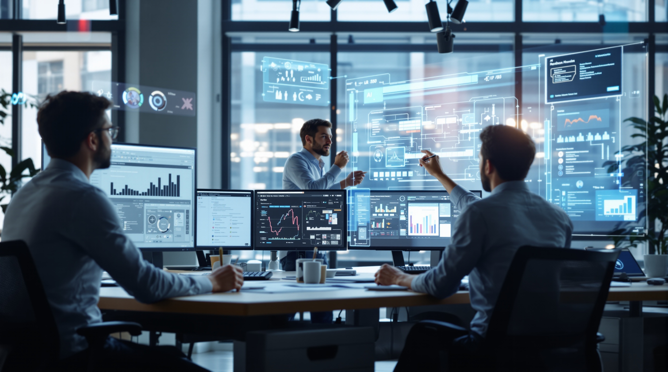 Professionals collaborating in a bright workspace with AI systems displaying retrieval-augmented generation pipelines, fine-tuning graphs, and human verification interfaces.