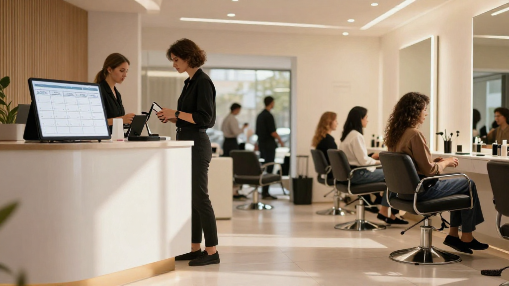 Bustling salon interior with modern reception desk and digital calendar