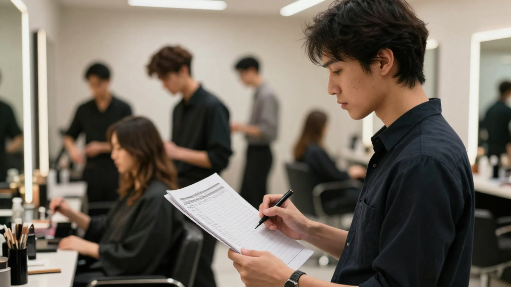 Salon manager reviewing appointment ledger