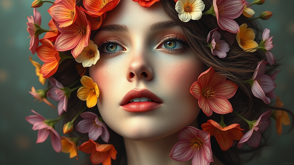 Creative surreal portrait with flowers in hair