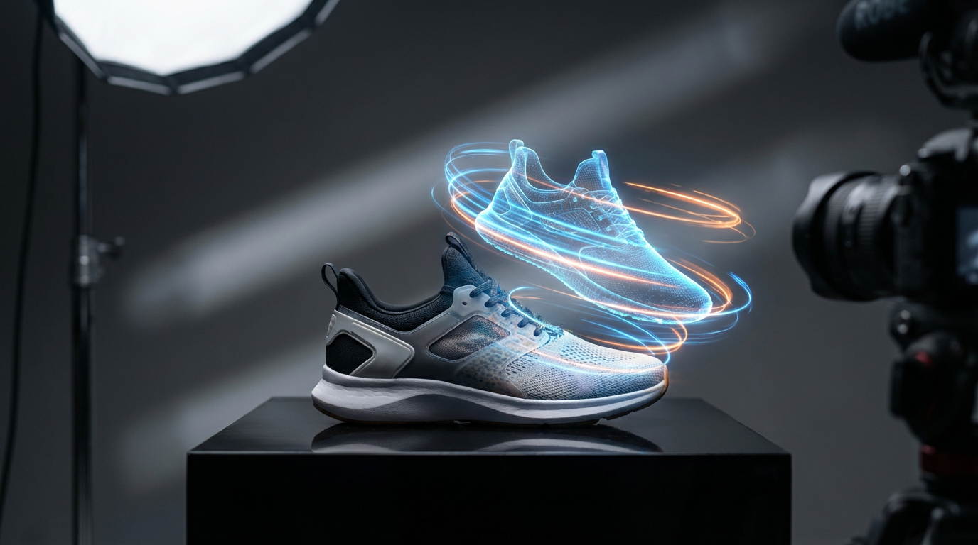 Sneaker product photo transforming into a dynamic 360-degree rotating video showcase with motion trails and studio lighting