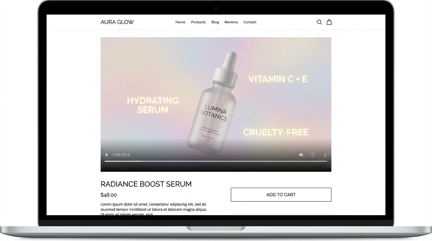 E-commerce product page with AI-generated skincare bottle video spinning and highlighting features