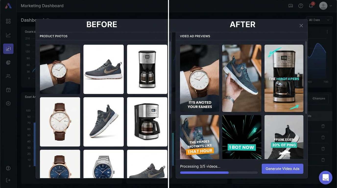 Multiple product images being converted into engaging video ads on a dashboard interface