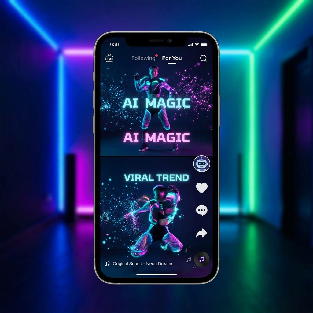 TikTok-style vertical phone screen showing AI-generated viral video content with trending effects and neon lights