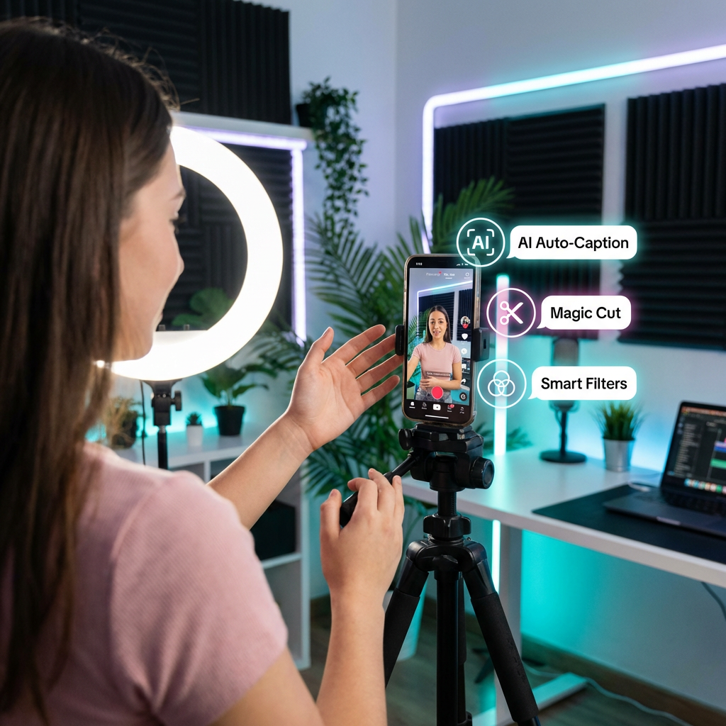 Content creator filming a TikTok video with AI-powered editing tools on screen and modern studio setup