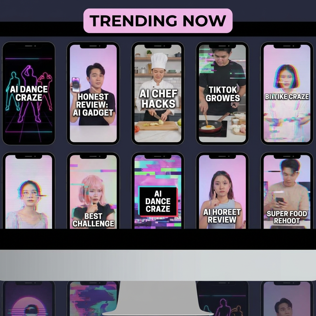 Grid of viral TikTok video thumbnails created by AI showing diverse content styles in vertical format