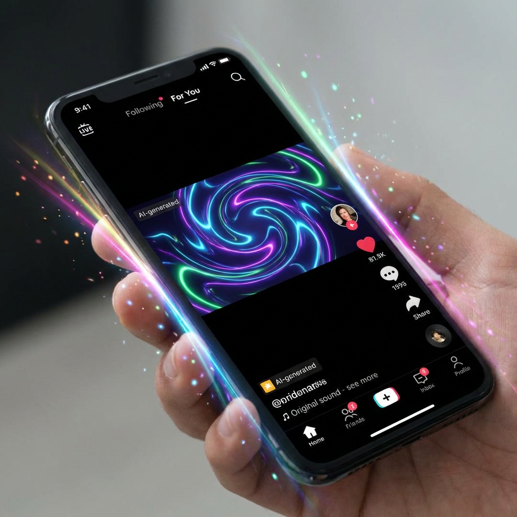 Phone mockup displaying a TikTok feed with AI-generated video playing and engagement metrics visible