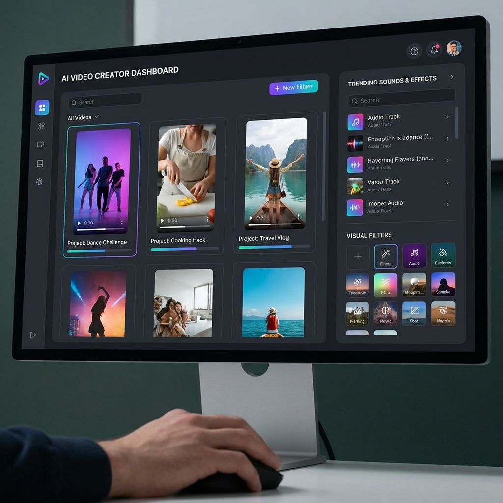 AI video creation dashboard showing multiple TikTok video projects in progress with trending effects panel