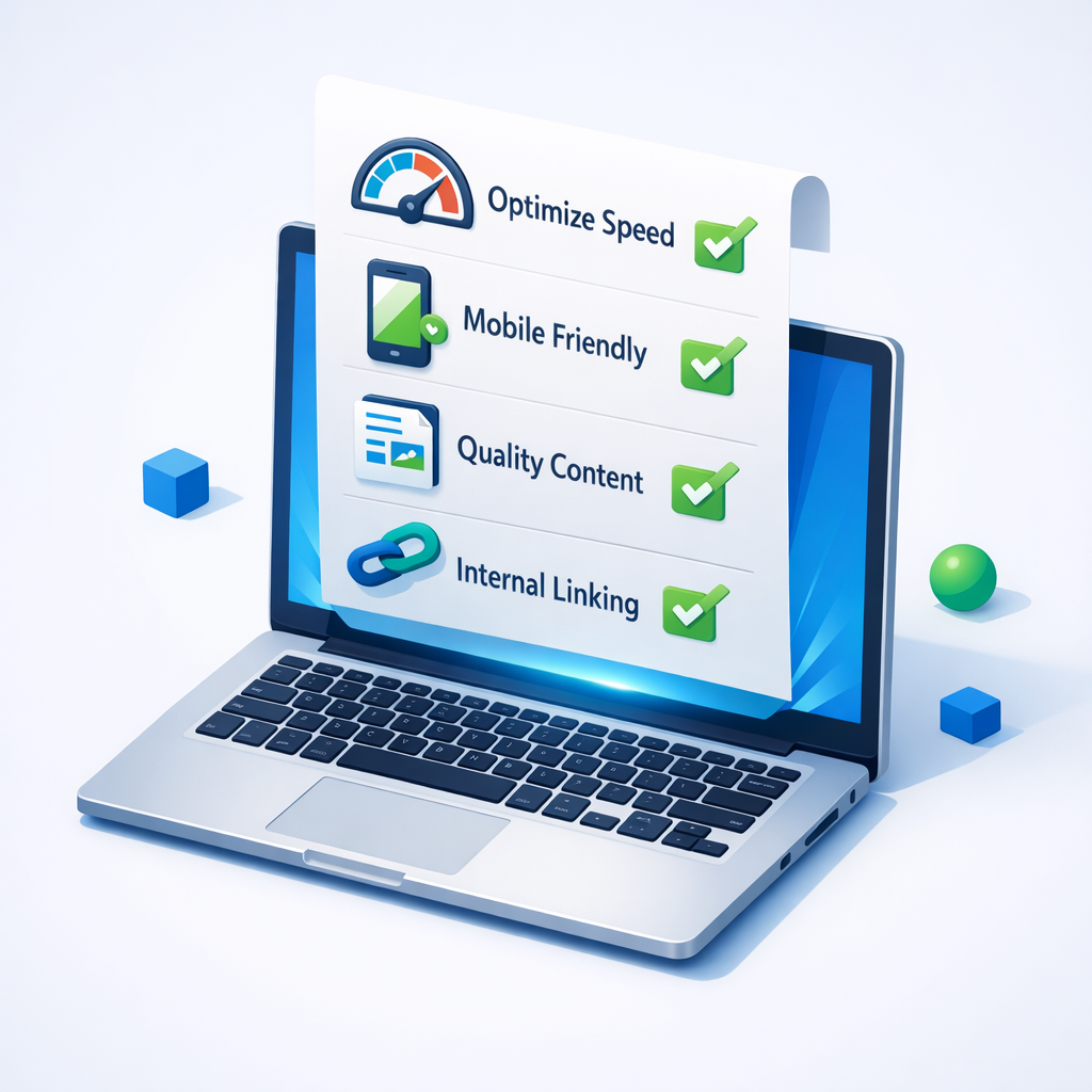 Clean, modern isometric illustration of a checklist emerging from a laptop screen, showing icons for speed, mobile, conten...