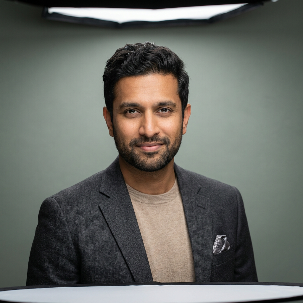Smart-casual corporate headshot of a South Asian man on gray backdrop