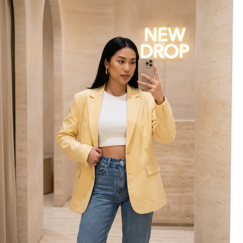 Influencer mirror selfie in trendy concept store fitting room