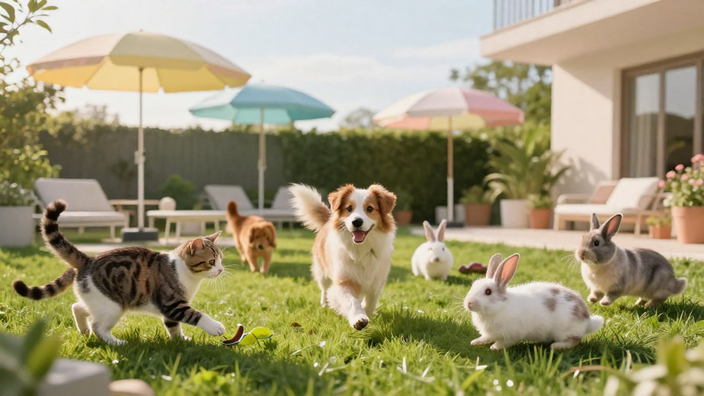 Pets playing happily after a grooming session