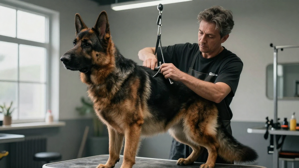 Groomer trimming a German Shepherd in a spacious bay