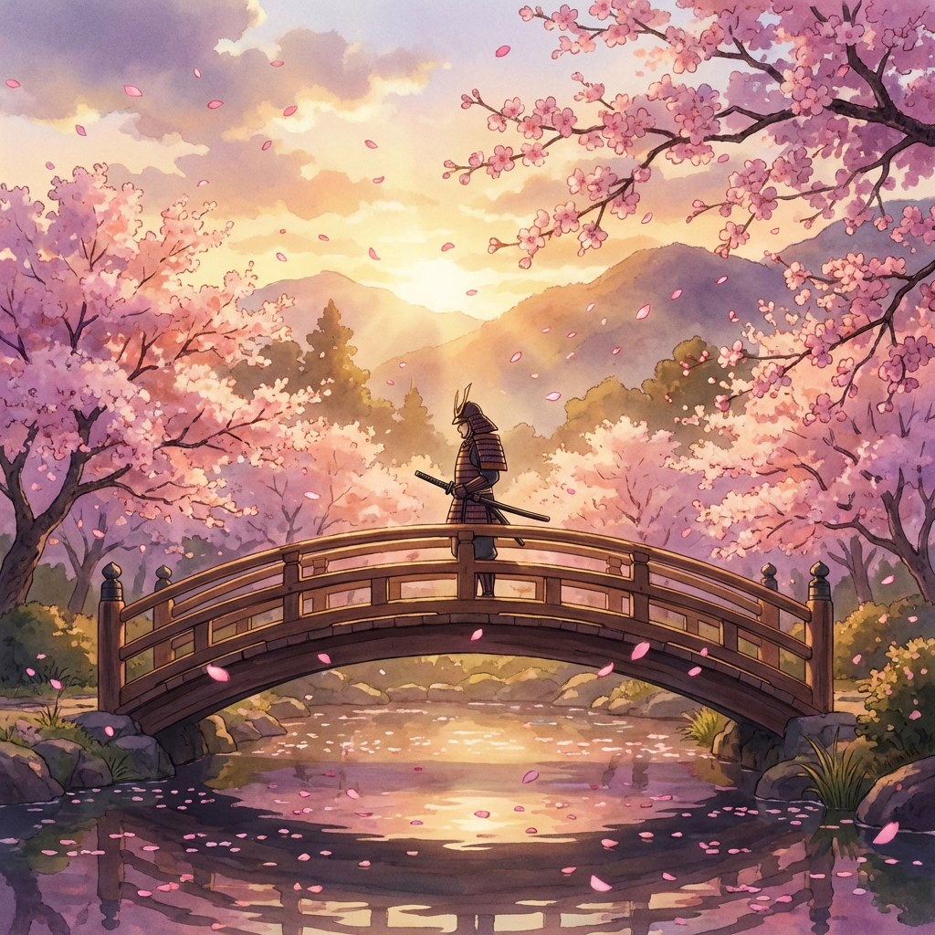 Stunning anime cherry blossom garden scene with samurai warrior on wooden bridge, warm golden sunset, Studio Ghibli inspired