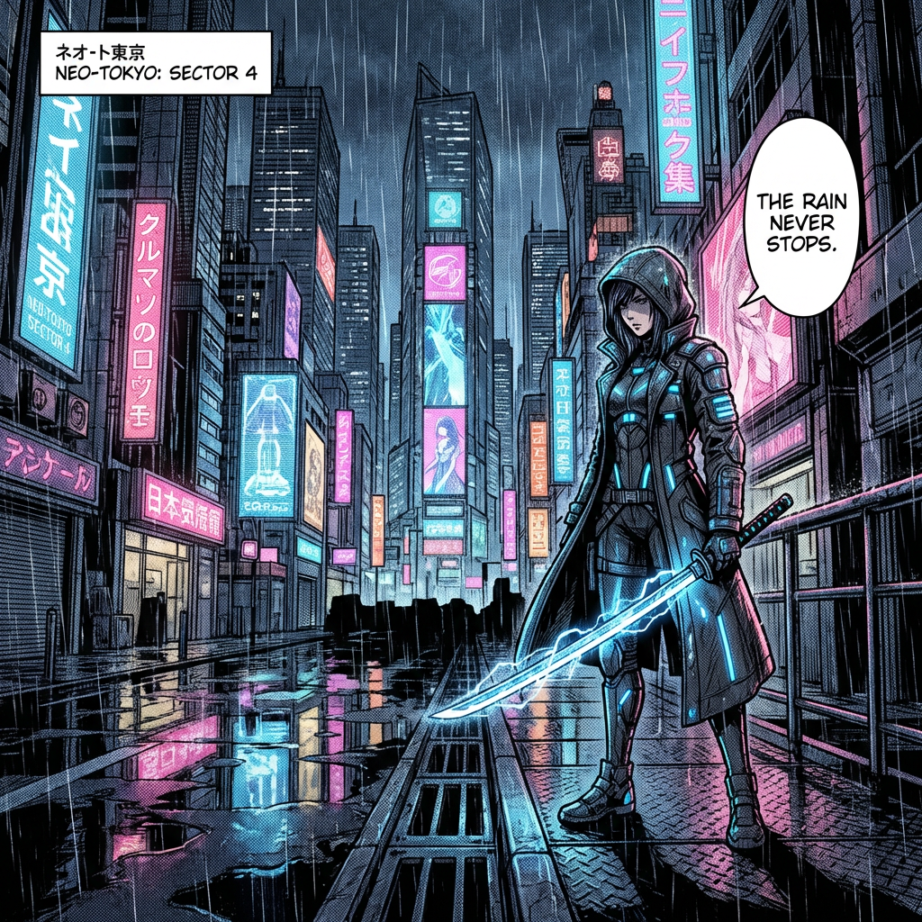 Cyberpunk anime cityscape at night with neon lights, female character with glowing katana, rain and dramatic lighting