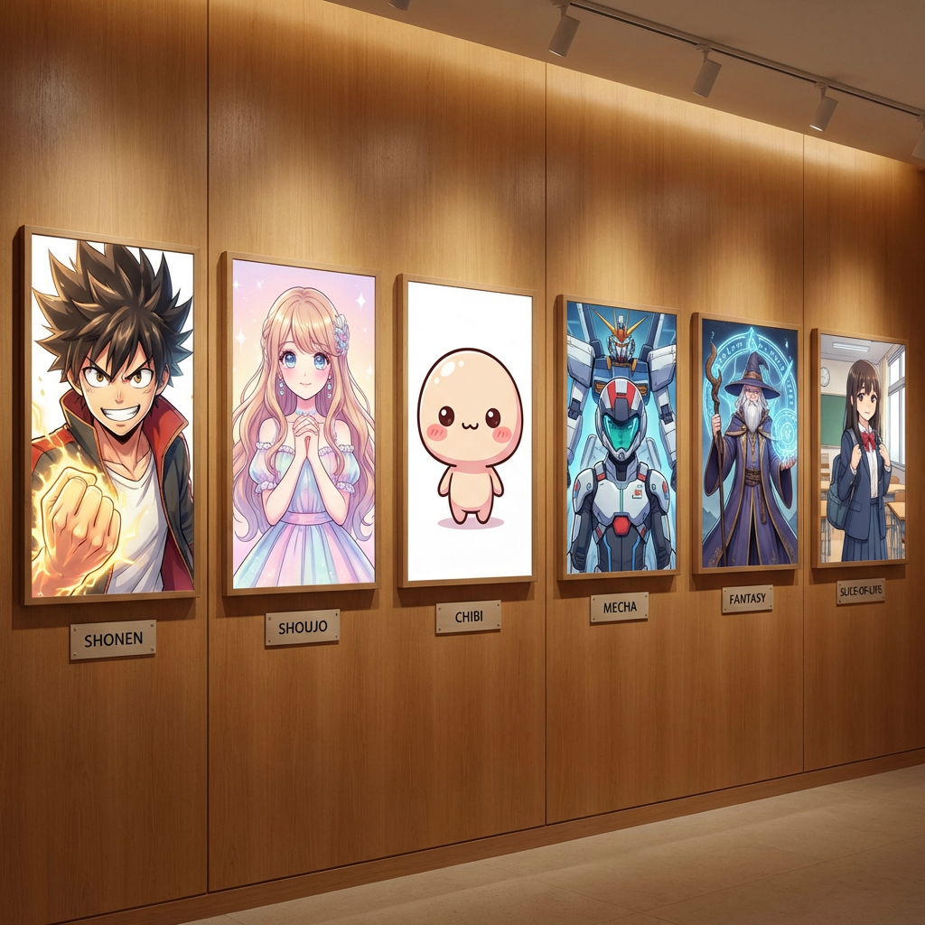 Gallery of six different anime character styles - shonen hero, shoujo heroine, chibi, mecha pilot, fantasy wizard, and slice-of-life student