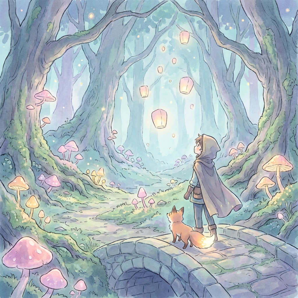 Magical anime forest with glowing mushrooms, floating lanterns, young adventurer with fox companion, pastel watercolor aesthetic