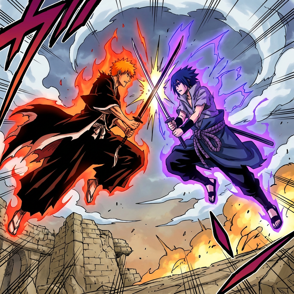 Dynamic shonen anime battle scene with two characters clashing swords mid-air, energy aura effects and speed lines