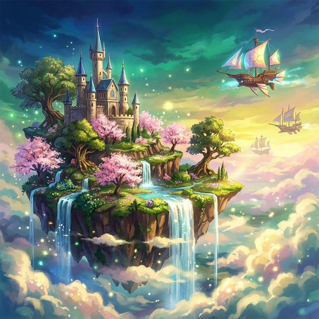 Fantasy anime floating island with castle, waterfalls pouring into clouds, airships, rich saturated colors