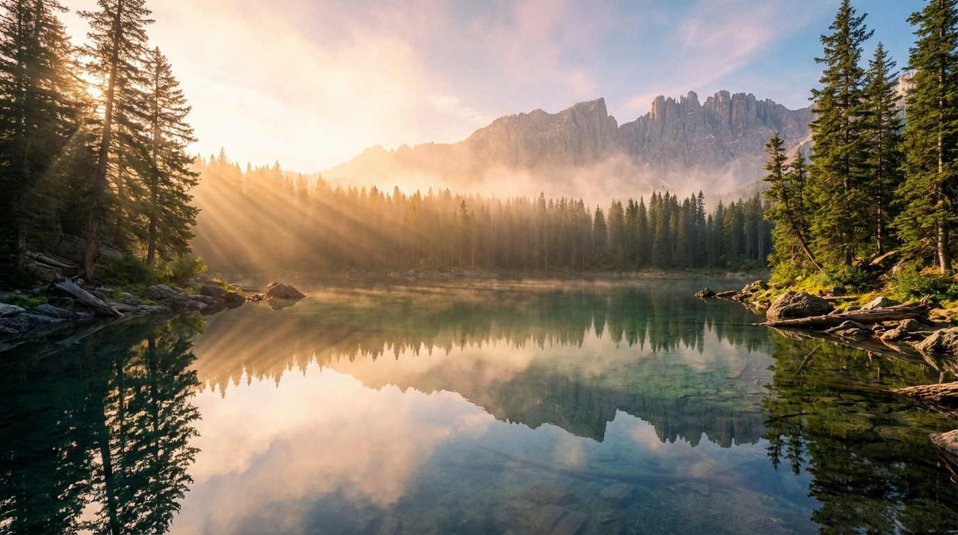Photorealistic AI-generated landscape of a misty mountain lake at sunrise with crystal-clear reflections and golden hour lighting