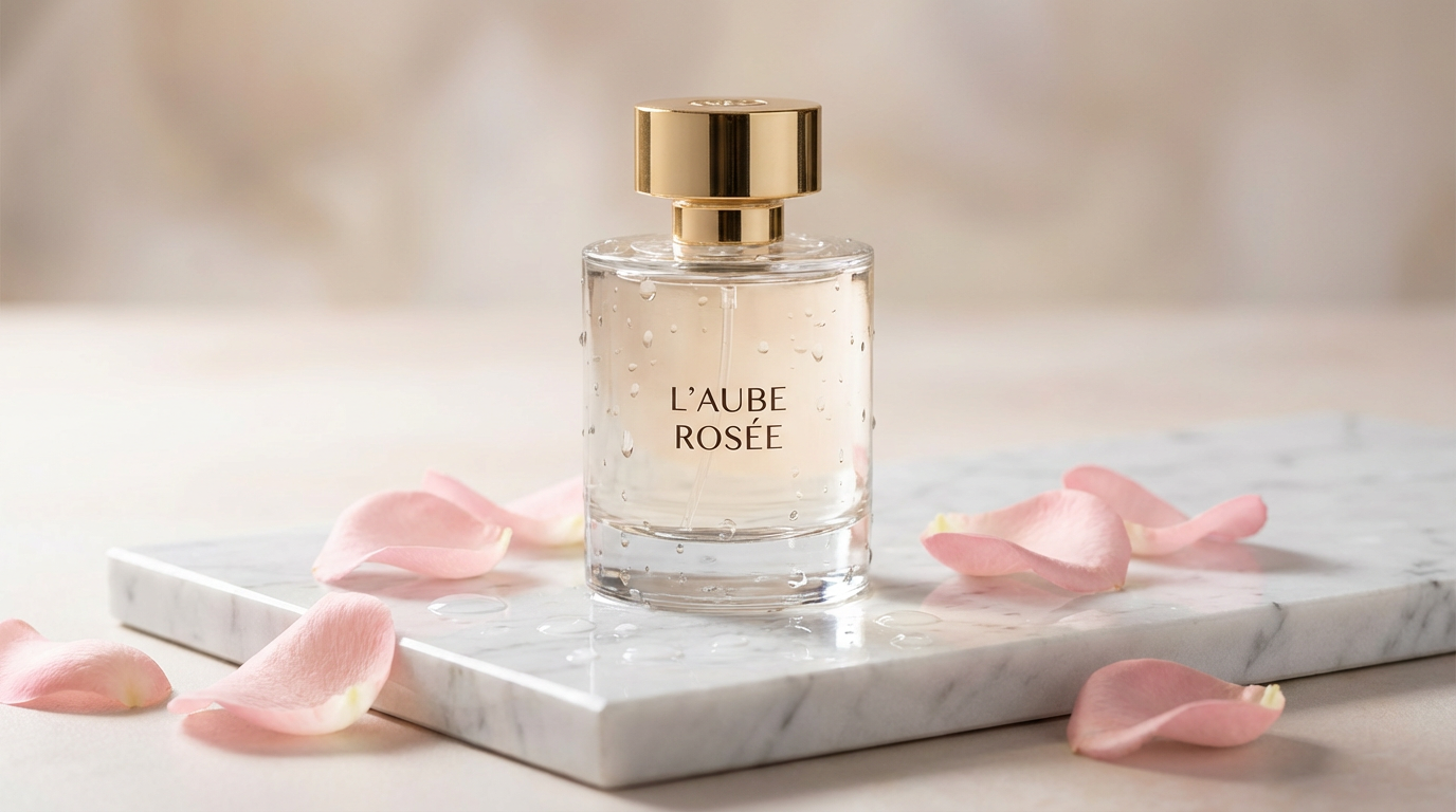 Hyperrealistic AI product photography of luxury perfume bottle on marble surface with professional studio lighting
