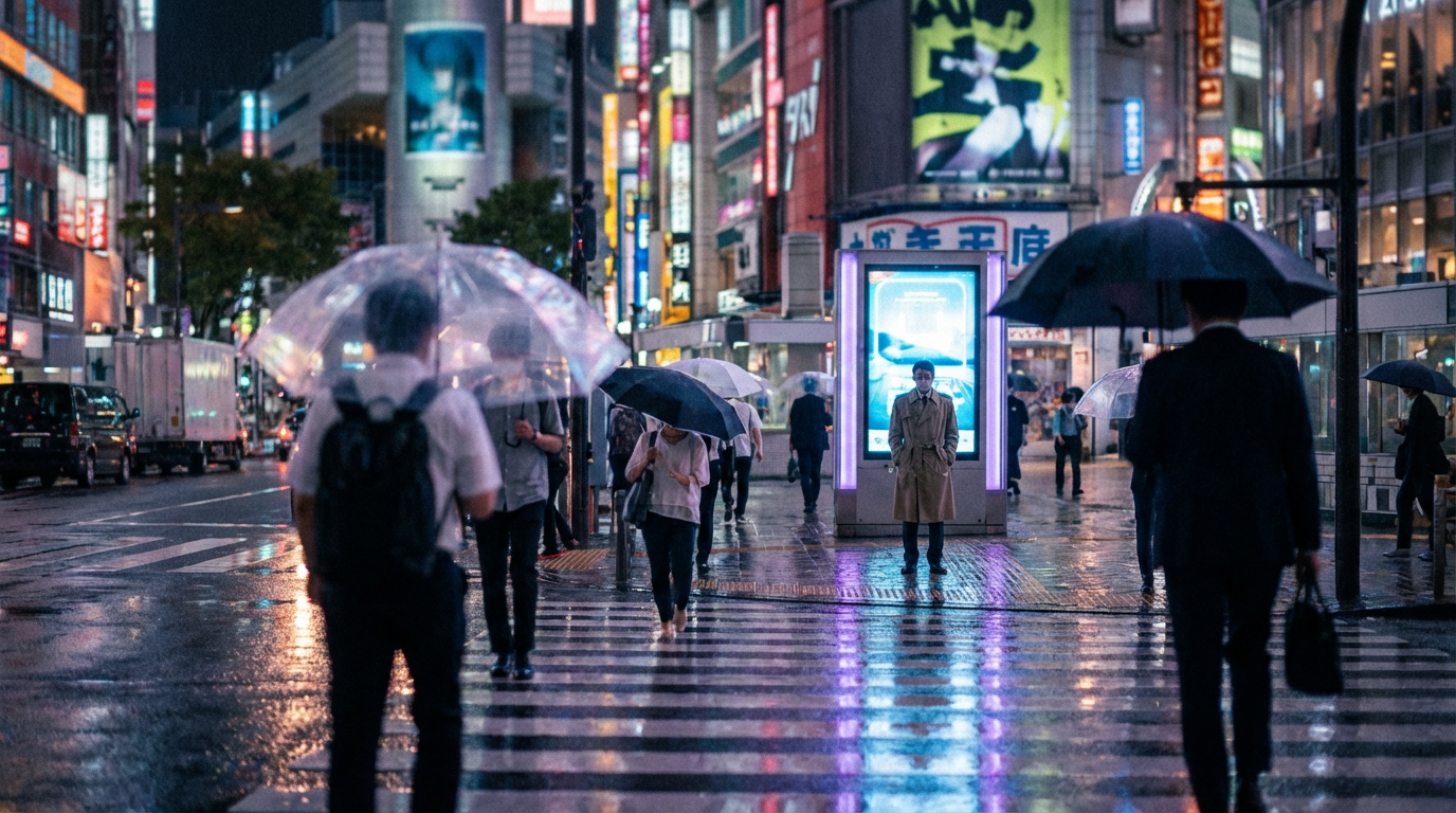 AI-generated photorealistic street photography of a rainy Tokyo night with neon reflections on wet pavement