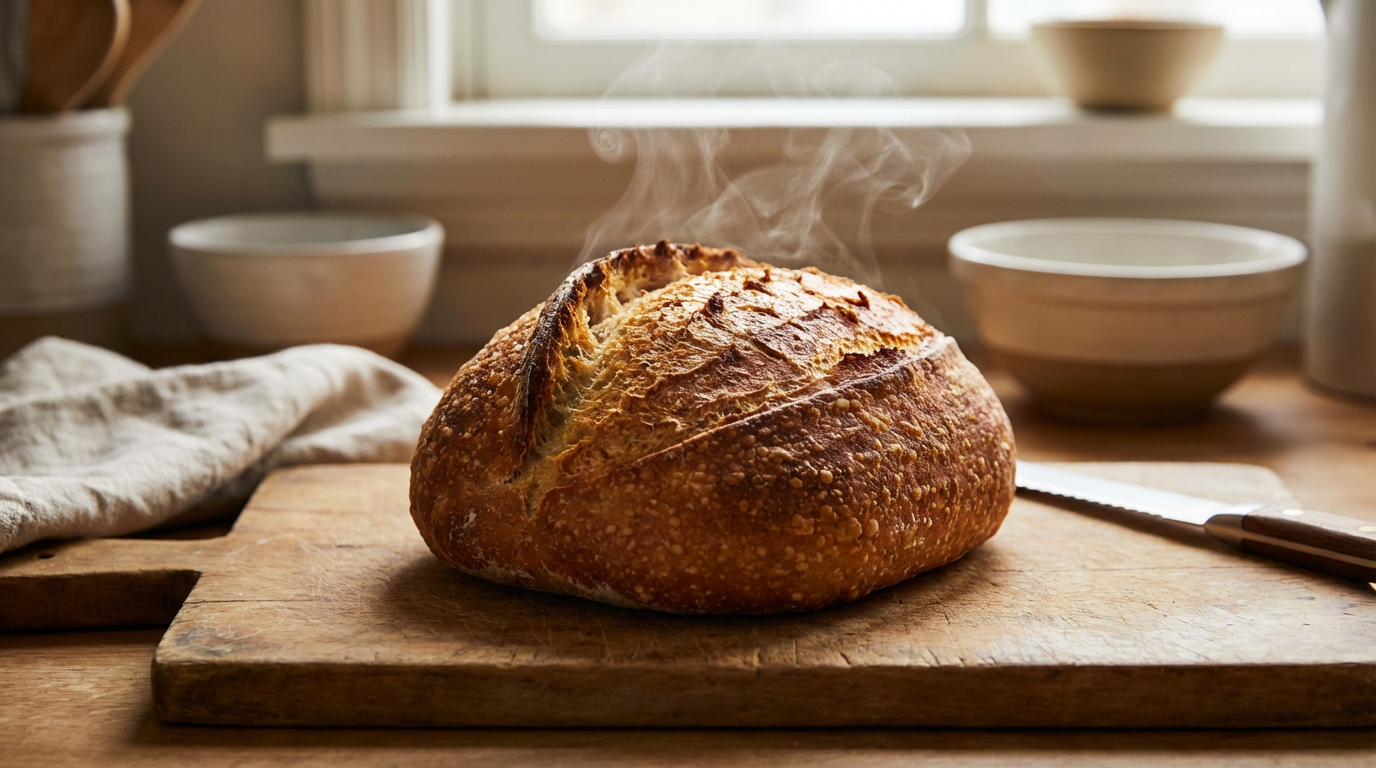 Realistic AI-generated food photography of artisan sourdough bread with warm kitchen lighting and editorial quality