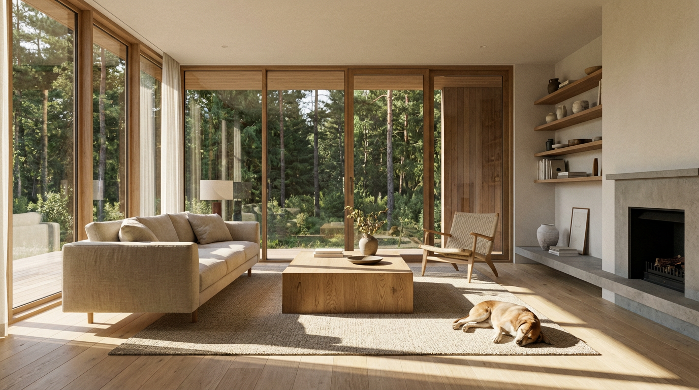 Photorealistic AI-generated interior design visualization of a modern Scandinavian living room with natural light