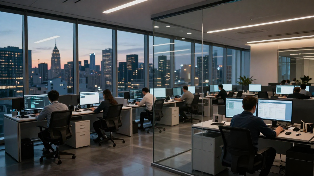 Modern claims office with dual monitors displaying dashboards