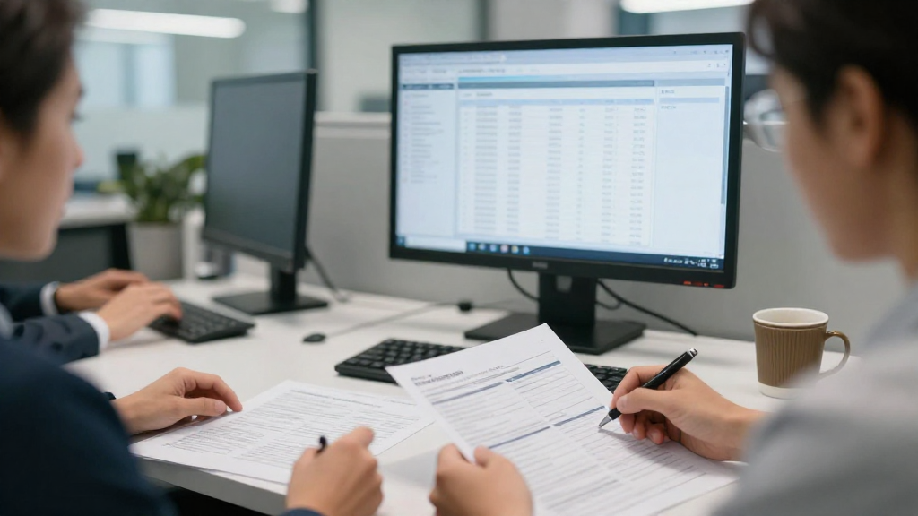 Claims office with analysts reviewing digital documents