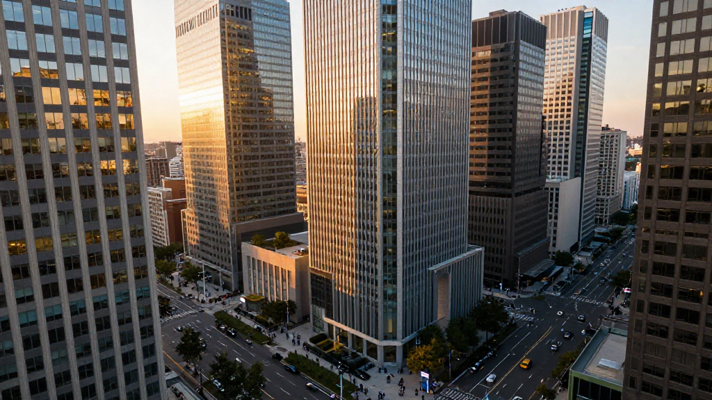 Urban office district at golden hour, conveying forward motion