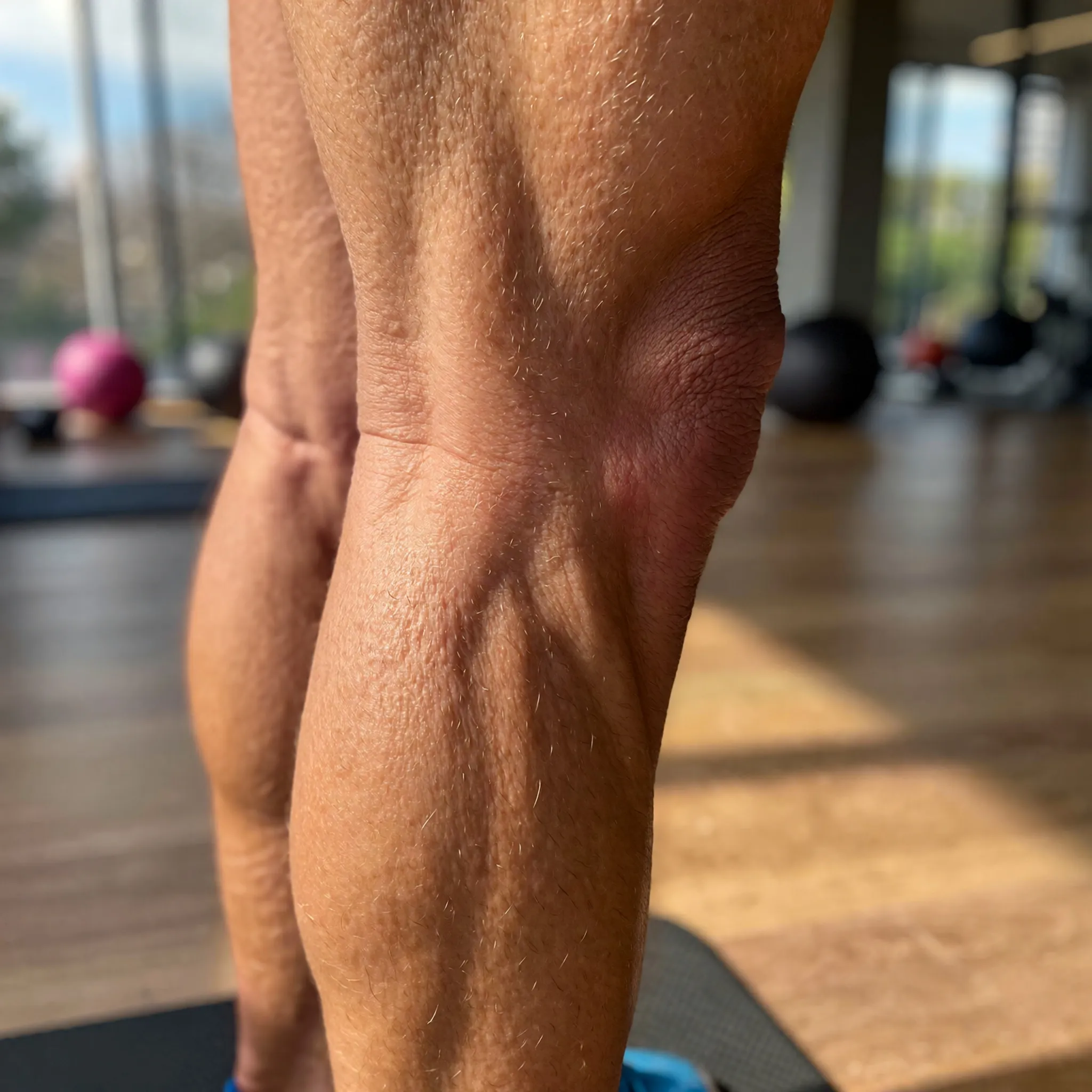 Zbliżenie na dolną część nogi z widoczną kością piszczelową, wskazujące na zapalenie i stres w okolicy przyśrodkowej.