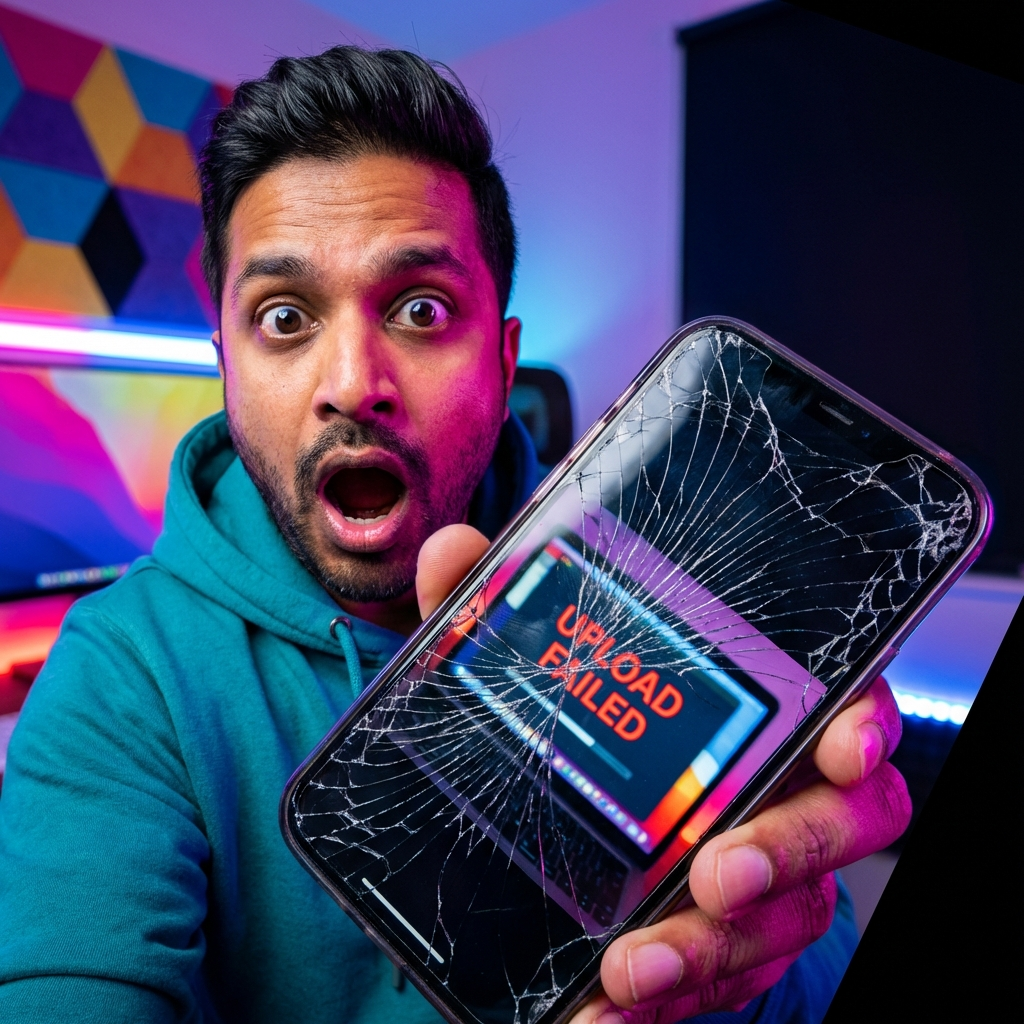 Shocked creator holding cracked phone in neon home studio