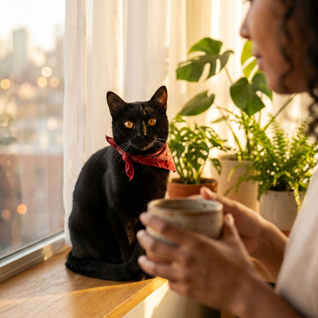 Black cat with amber eyes on sunny windowsill with houseplants