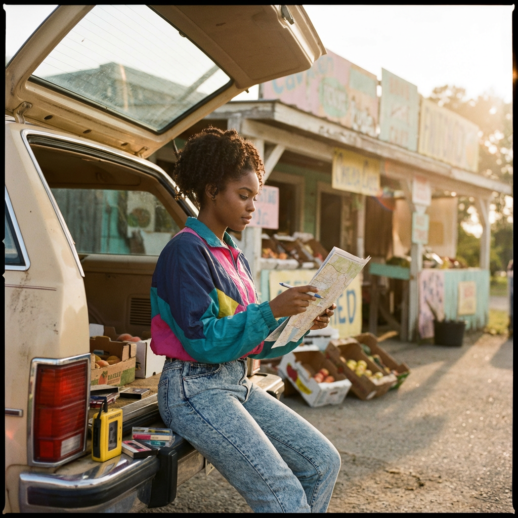 Retro road trip scene with cassette player and paper map