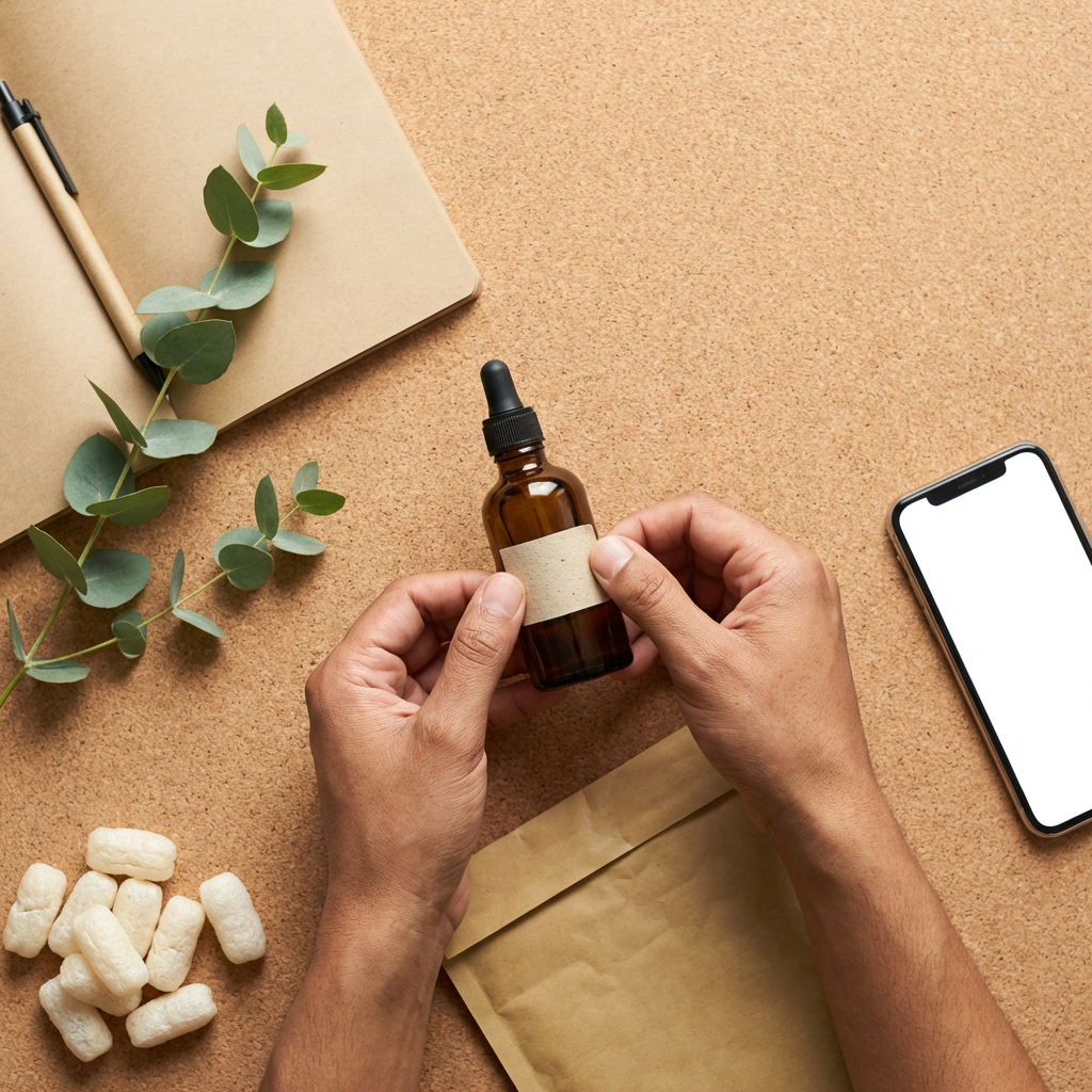 Eco-friendly product branding flat lay with hands and mockup phone