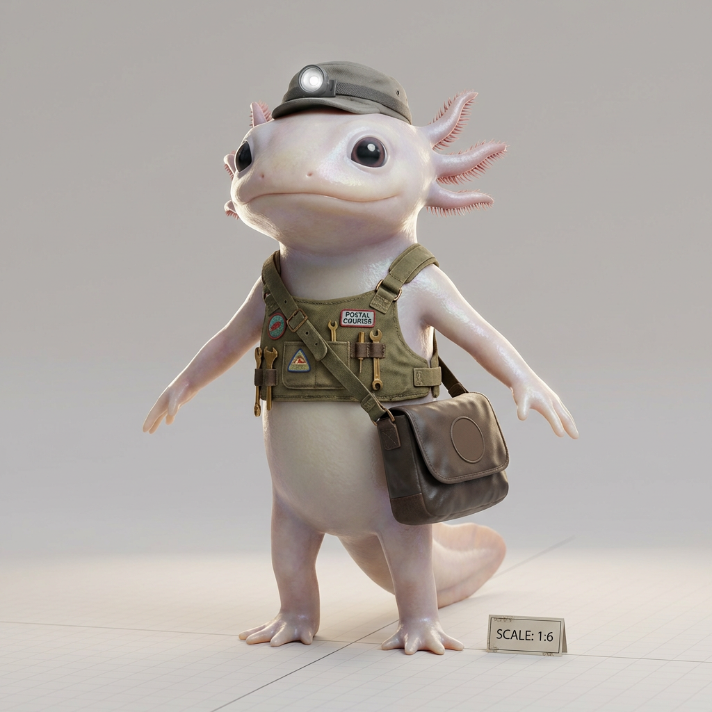Photorealistic axolotl courier mascot character in studio A-pose