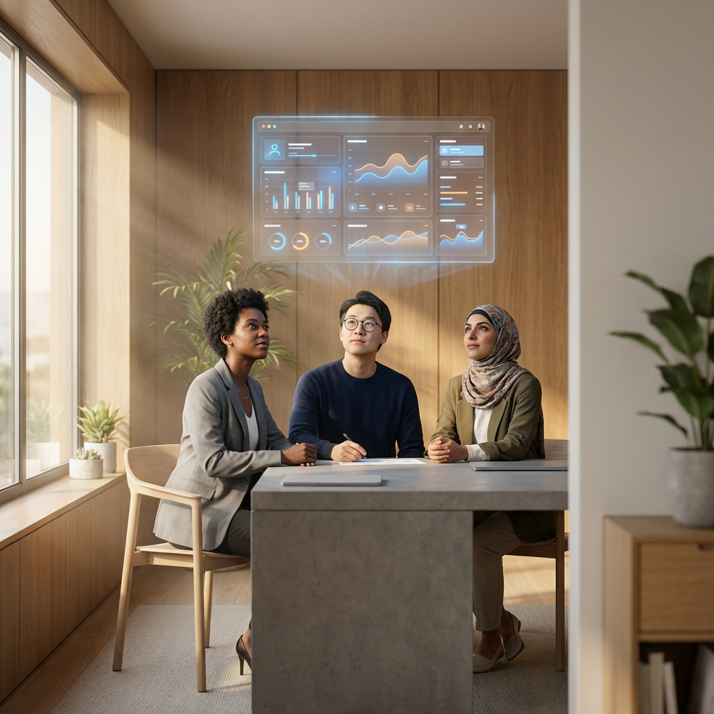 3D render of diverse team viewing holographic analytics in modern office