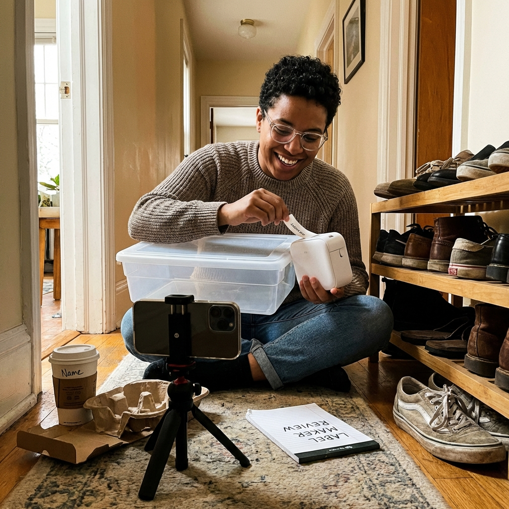UGC creator filming label maker first-impressions review on phone