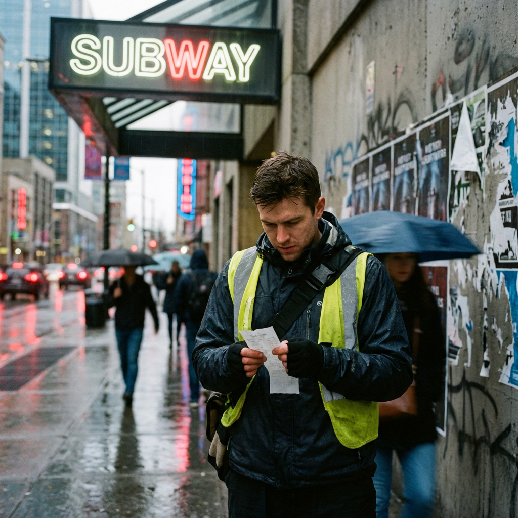 Bike courier under subway sign in rainy downtown street scene