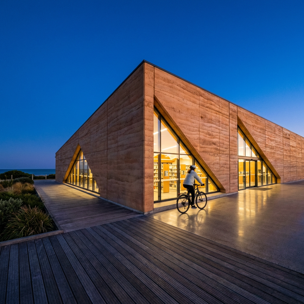 Blue-hour modern coastal library exterior with rammed-earth facade