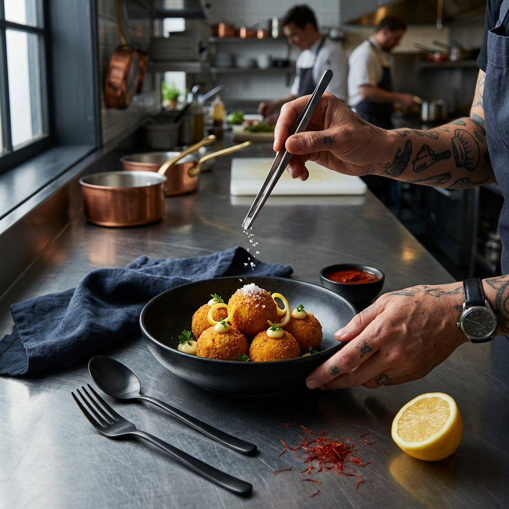 Chef plating paella arancini with aioli in a moody kitchen