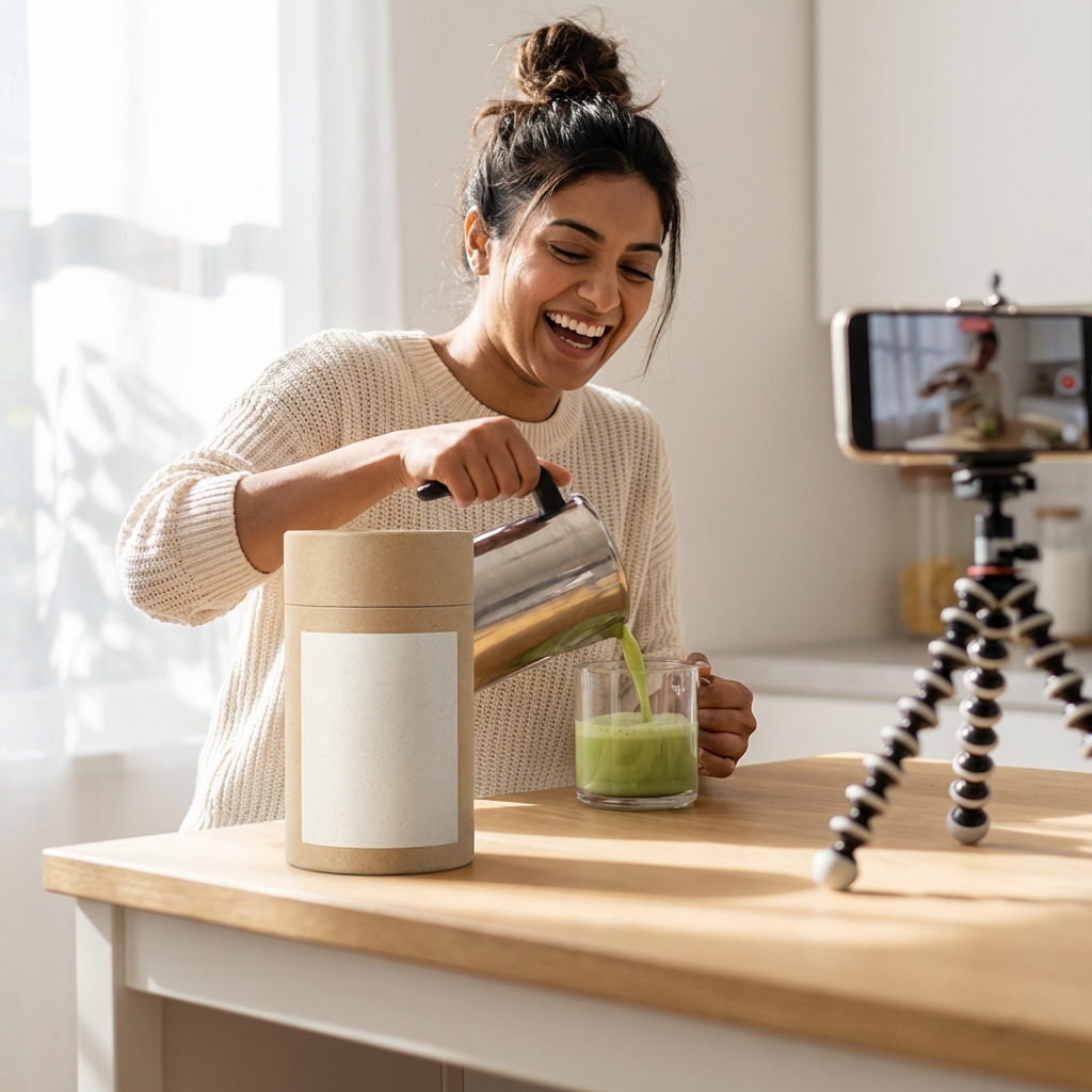 Woman making green latte with blank supplement canister in bright kitchen